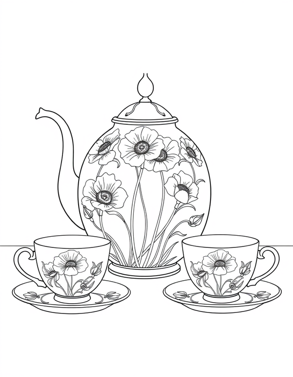 Art Nouveau Teapot And Cups With Flowing Floral Engraving black and white line art