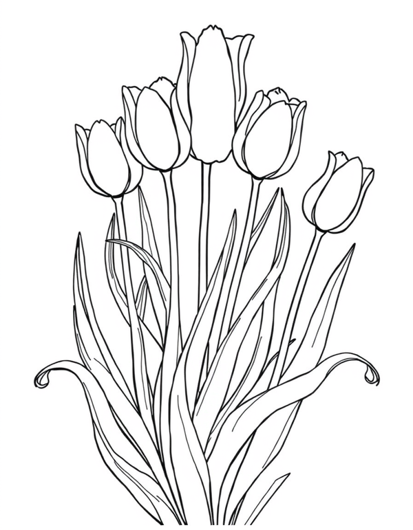 Art Nouveau Tulips With Whiplash Stems black and white line art