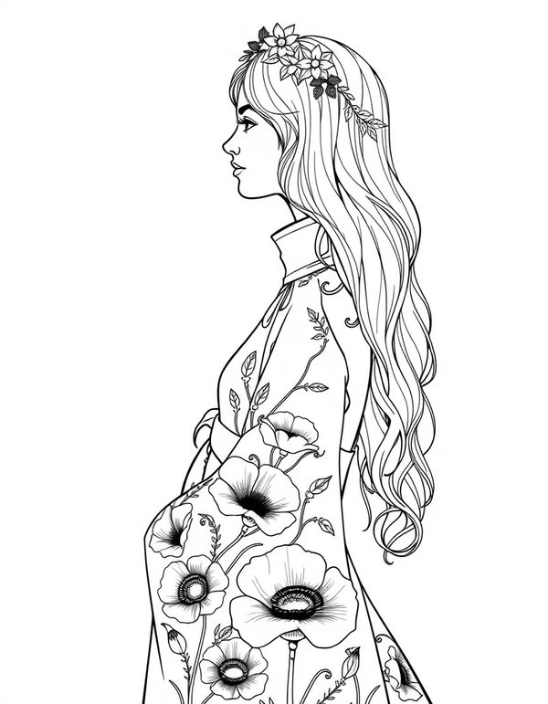 Art Nouveau Woman In Profile With Poppy Wreath black and white line art