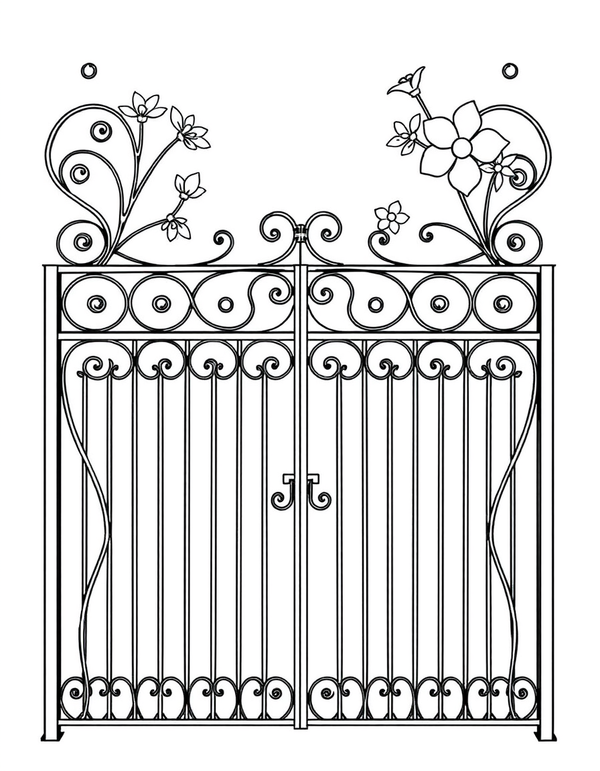 Art Nouveau Wrought Iron Gate With Curling Ironwork black and white line art