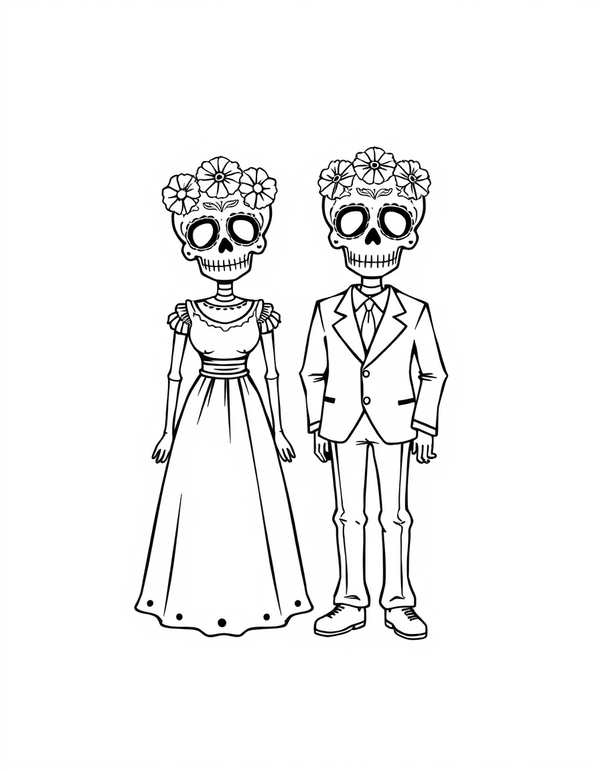 Calavera Bride and Groom black and white line art