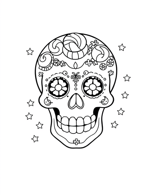 Black and white coloring page of a candy-decorated sugar skull with sweets and stars