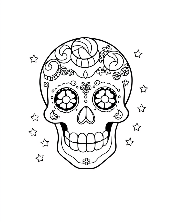 Black and white coloring page of a candy-decorated sugar skull with sweets and stars