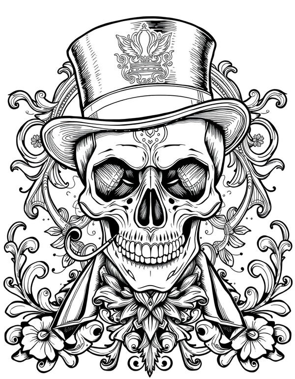 Black and white coloring page of a dapper skull wearing a top hat and monocle