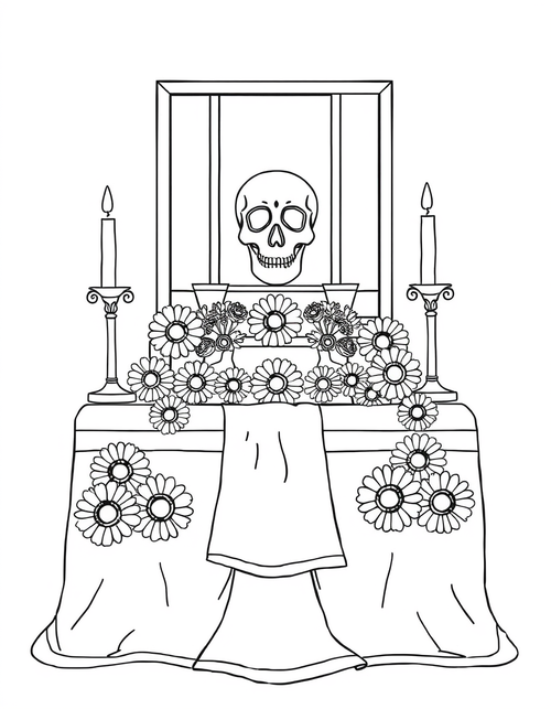 Day of the Dead Altar With Sugar Skulls and Marigolds black and white line art