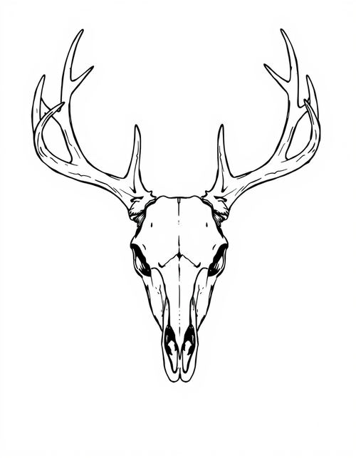 Deer Skull With Large Antlers black and white line art