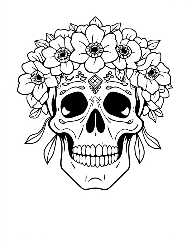 Black and white coloring page of a skull wearing an elaborate flower crown