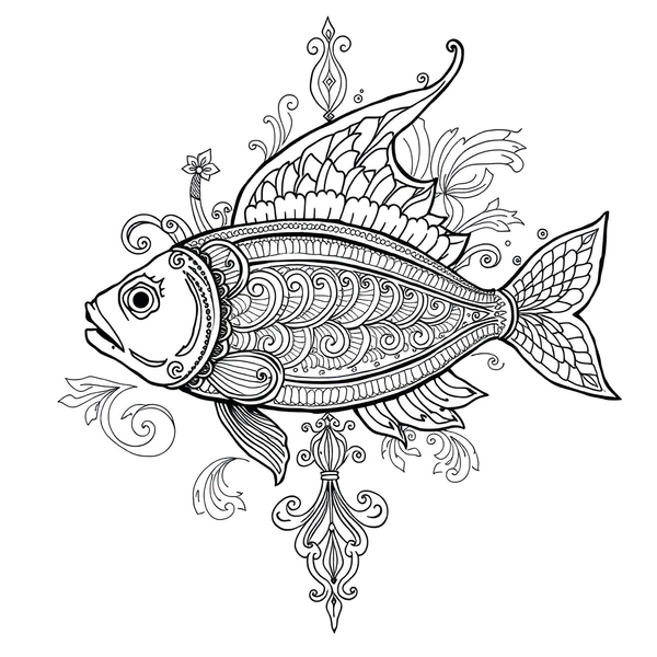 Black and white coloring page of henna fish design with scale and wave patterns