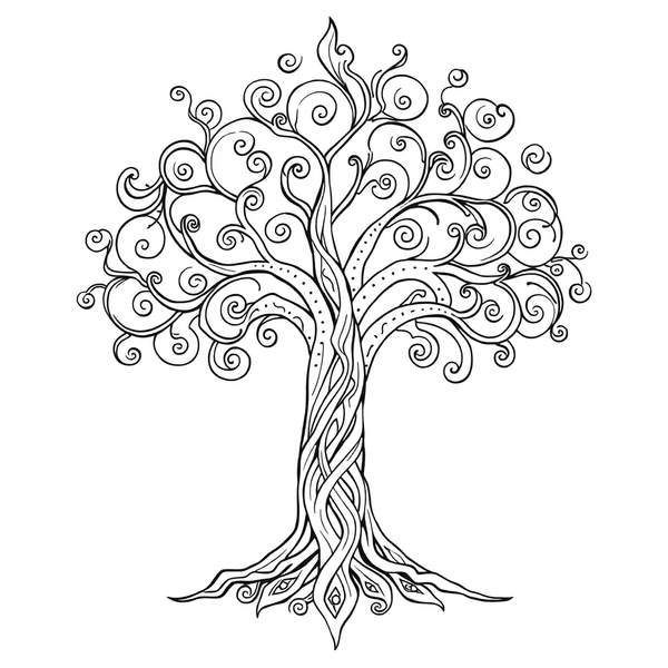 Black and white coloring page of henna tree of life with swirling branches and roots