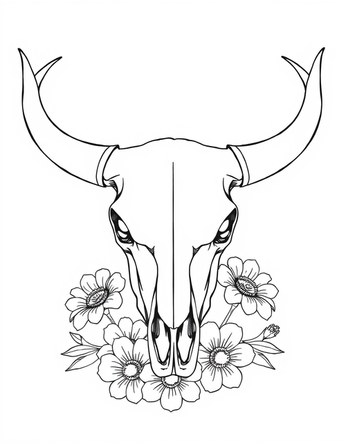 Longhorn Cow Skull With Desert Flowers black and white line art