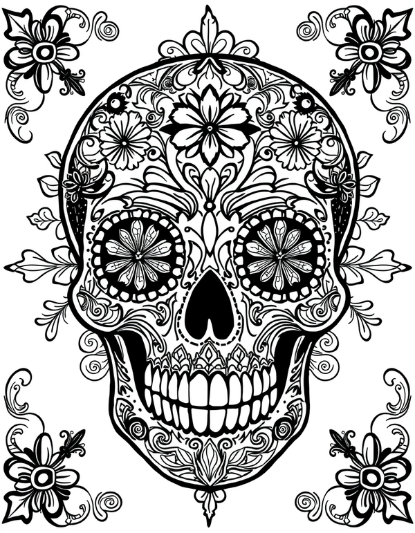 Black and white coloring page of a mosaic tile-patterned sugar skull