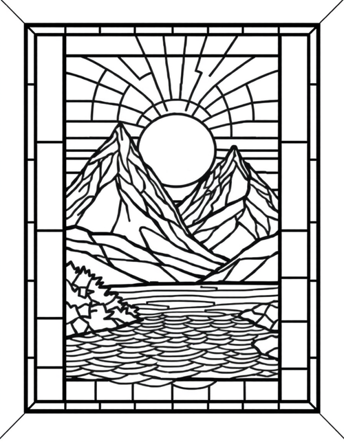 Mountain Sunset Landscape in Stained Glass Cells black and white line art