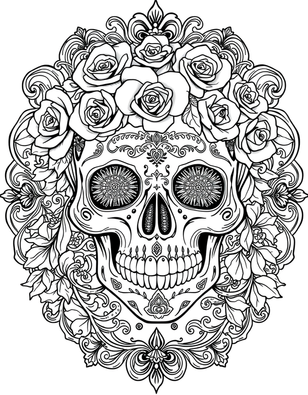 Black and white coloring page of an ornate sugar skull covered in roses and swirling vines