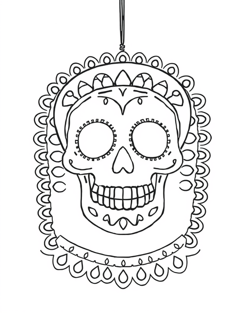 Papel Picado Flags With Sugar Skulls black and white line art