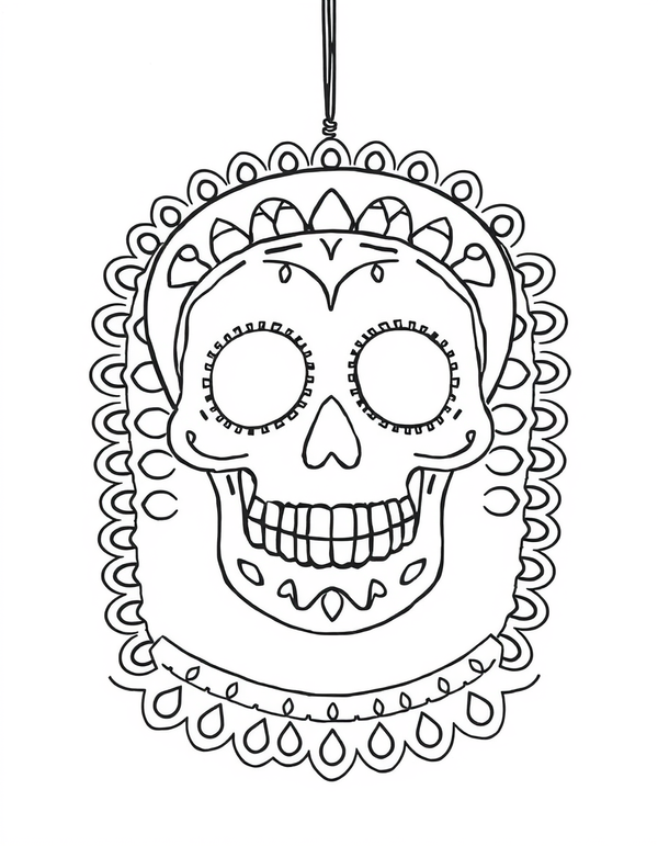 Papel Picado Flags With Sugar Skulls black and white line art
