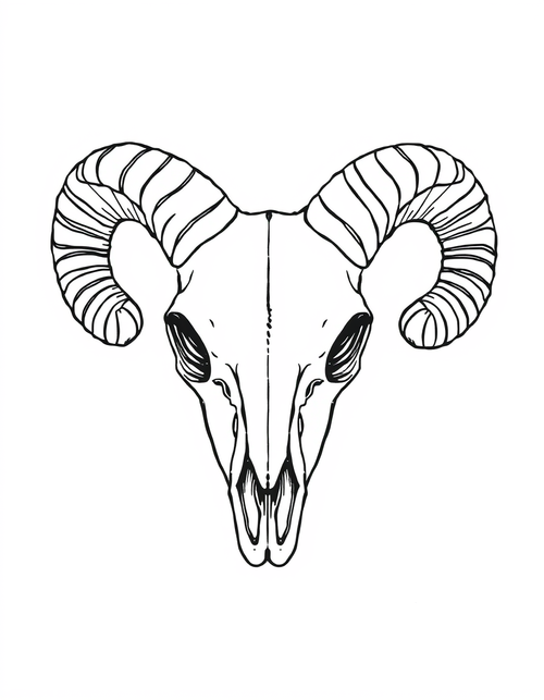 Ram Skull With Curled Horns black and white line art