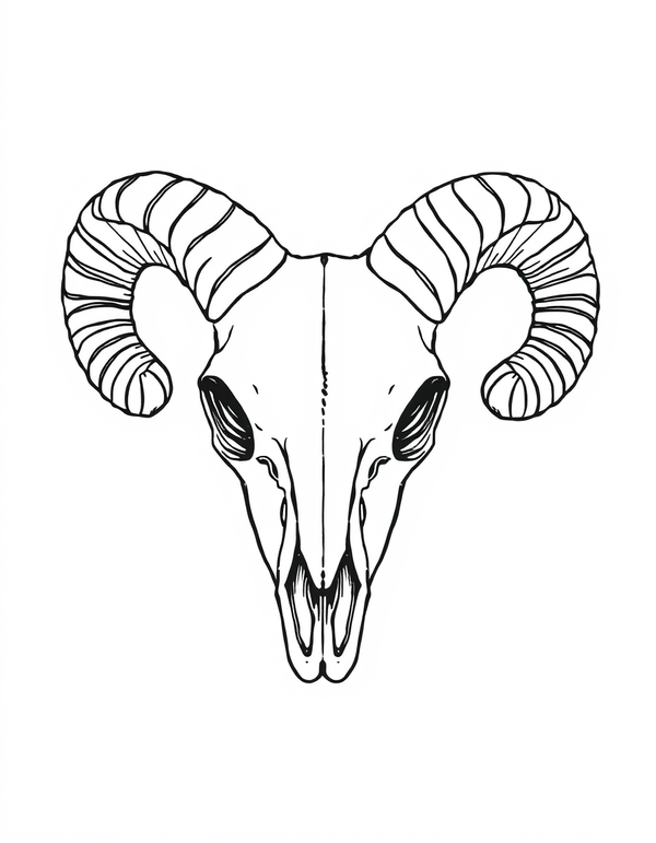 Ram Skull With Curled Horns black and white line art