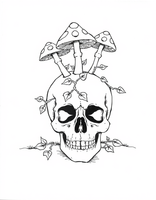 Skull Overgrown With Mushrooms and Ivy black and white line art