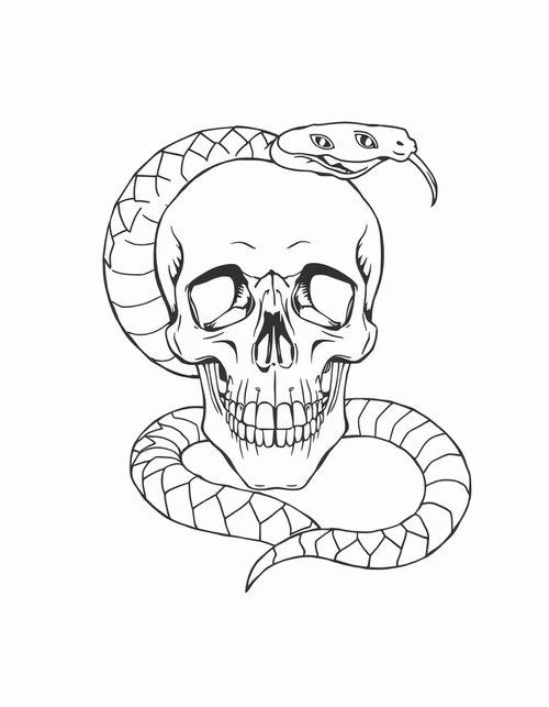 Skull With a Coiled Snake black and white line art