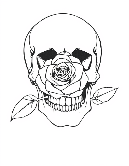 Skull With a Rose Between Its Teeth black and white line art