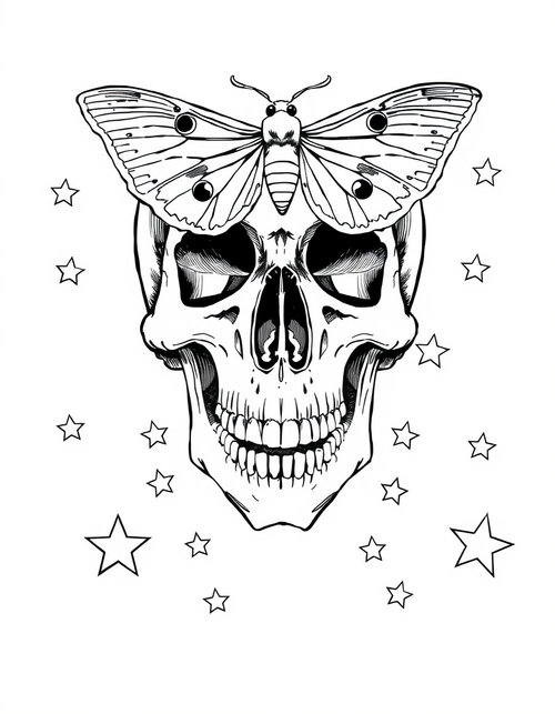 Skull With Moths and Stars black and white line art