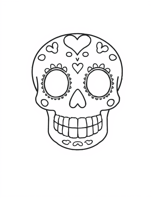 Smiling Cartoon Sugar Skull black and white line art