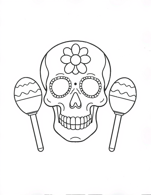 Sugar Skull Between Two Maracas black and white line art