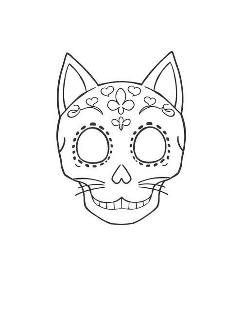Sugar Skull Cat black and white line art