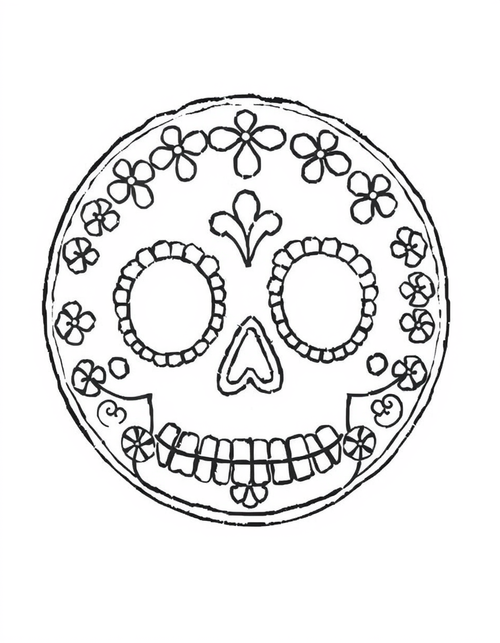 Sugar Skull Cookie on a Plate black and white line art