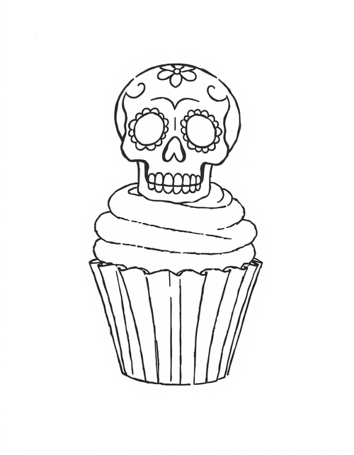 Sugar Skull Cupcake black and white line art