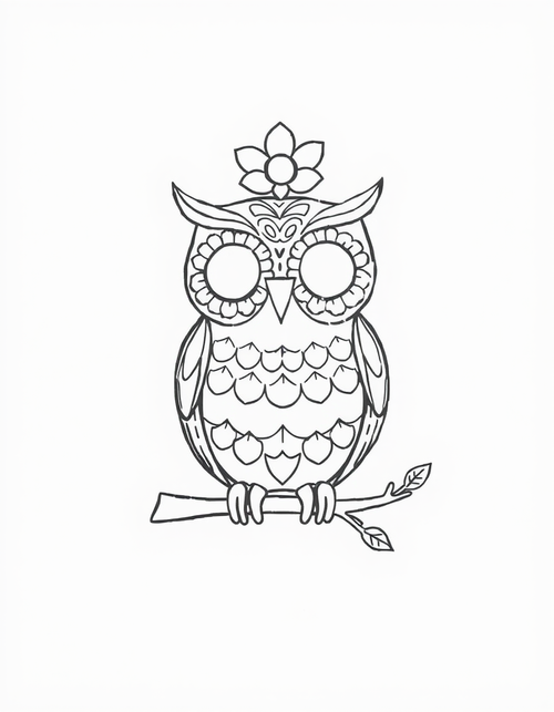 Sugar Skull Owl black and white line art