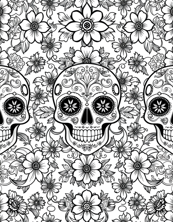 Black and white coloring page of a repeating decorative pattern of sugar skulls and flowers