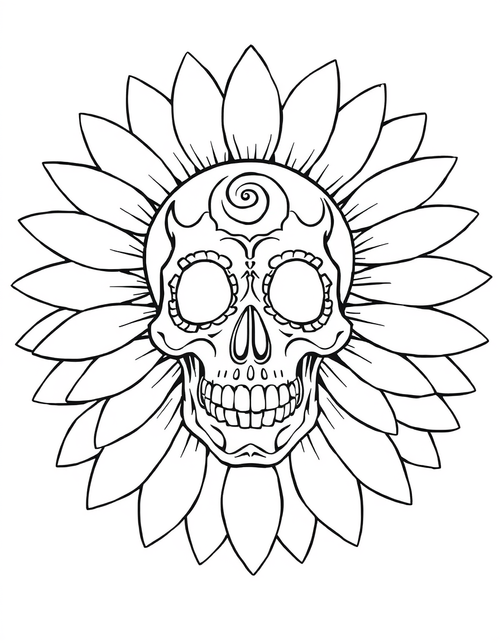 Sugar Skull Ringed by Sunflower Petals black and white line art