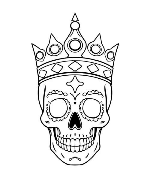 Sugar Skull Wearing a Crown black and white line art