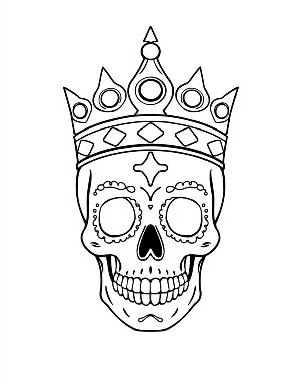Sugar Skull Wearing a Crown black and white line art