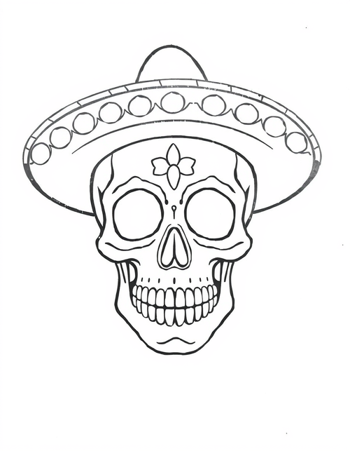 Sugar Skull Wearing a Wide Sombrero black and white line art