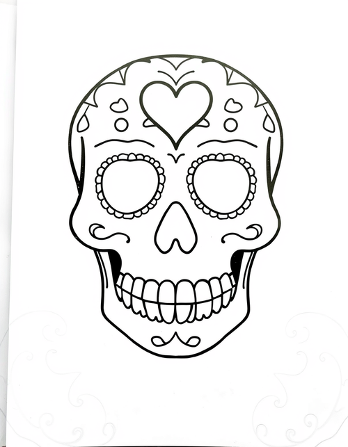 Sugar Skull With a Heart on Its Forehead black and white line art