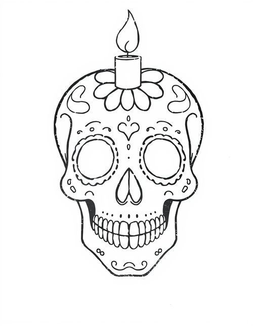 Sugar Skull With a Lit Candle on Top black and white line art