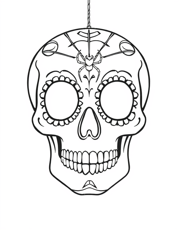 Sugar Skull With a Spiderweb Pattern black and white line art