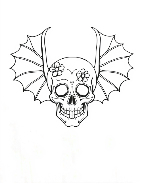 Sugar Skull With Bat Wings black and white line art
