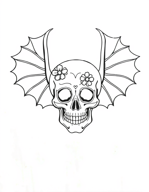 Sugar Skull With Bat Wings black and white line art