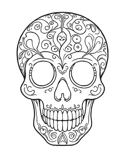 Sugar Skull With Swirling Paisley Patterns black and white line art