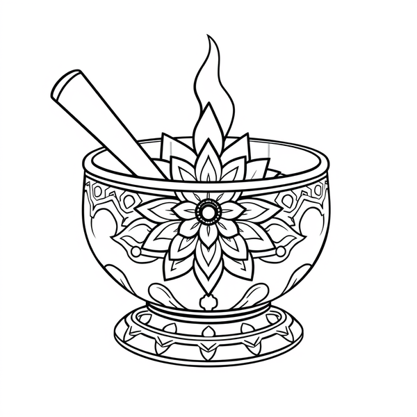 Black and white coloring page of Tibetan singing bowl with lotus and mandala design