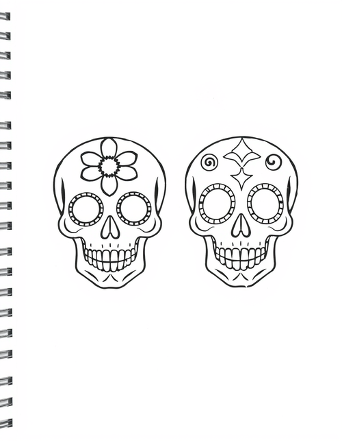 Two Sugar Skulls Side by Side black and white line art