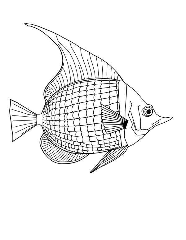 Coloring page of a tall angelfish seen from the side with long pointed fins above and below its body and wide bands across it