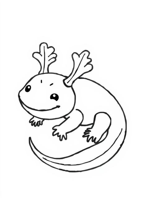 Axolotl Curled Up in a Circle black and white line art