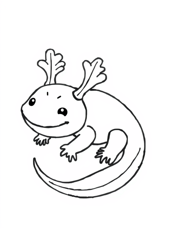 Axolotl Curled Up in a Circle black and white line art