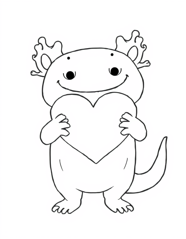 Axolotl Holding a Heart black and white line art