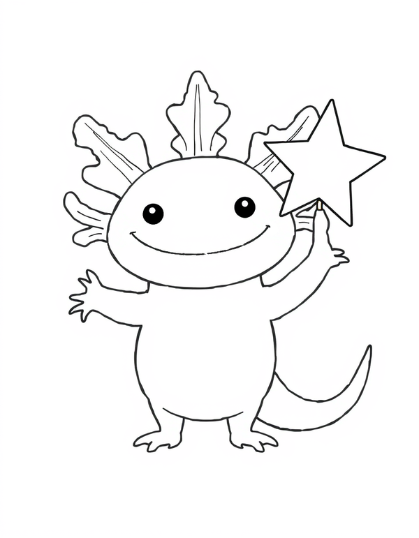 Axolotl Holding a Star black and white line art
