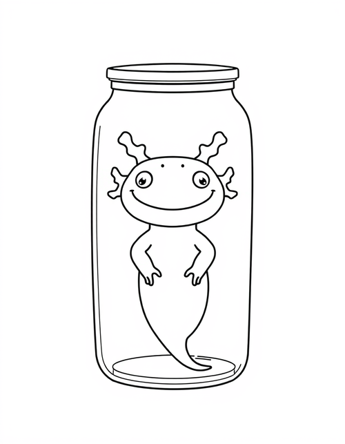 Axolotl in a Tall Glass Jar black and white line art